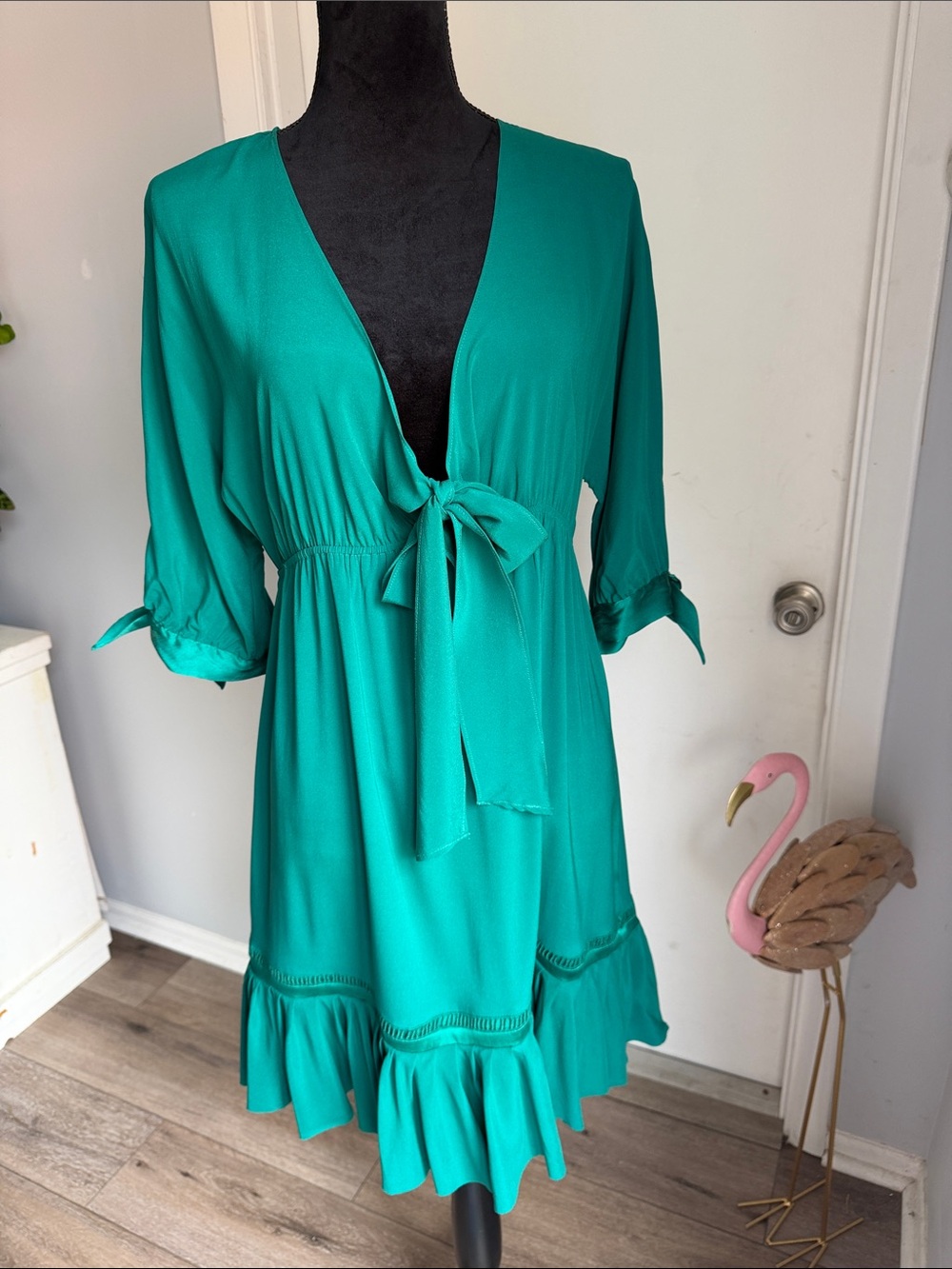 Hale Bob Emerald Green 100%silk Tie-Front Ruffle Mini Dress